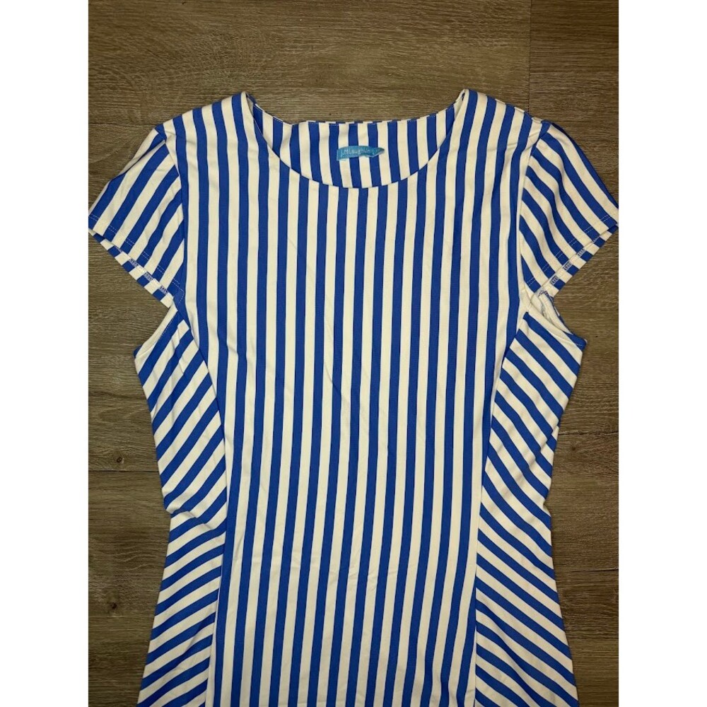J. McLaughlin Blue White Striped Midi Dress XS Slimming Stretch Preppy - Picture 2 of 8